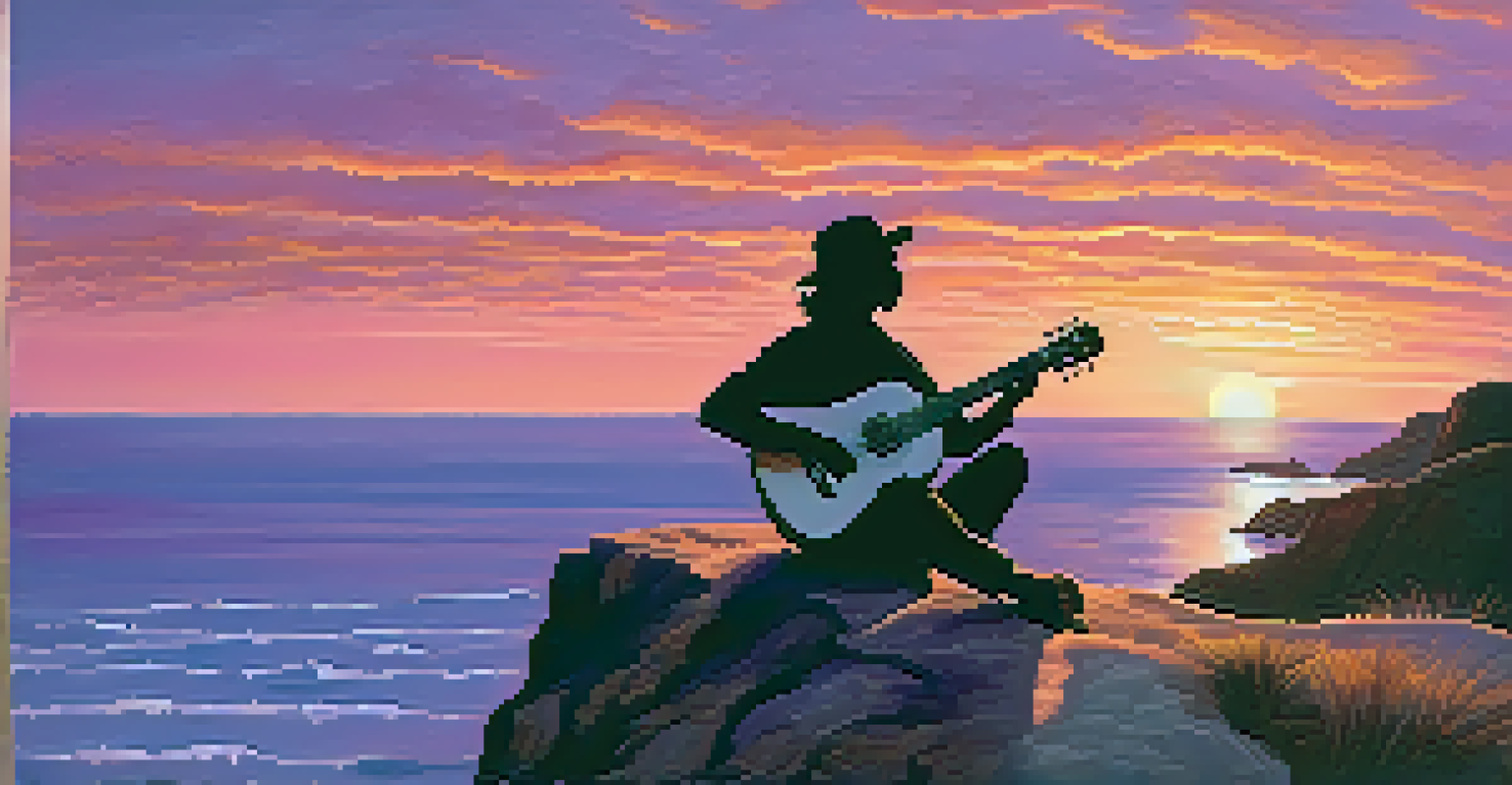 A silhouette of a person playing a ukulele on a cliff during sunset, with a colorful sky and calm ocean in the background.