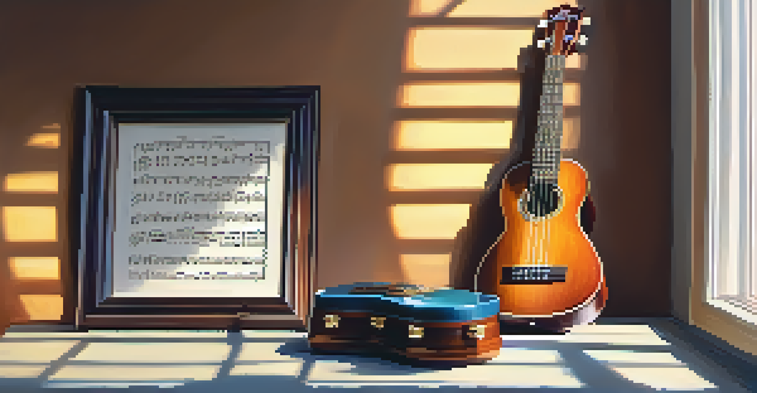 A ukulele on a wooden table with sheet music and a metronome in warm sunlight.