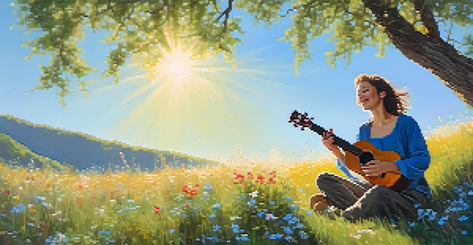A person playing a ukulele outdoors on a sunny day, surrounded by colorful wildflowers and a bright blue sky.