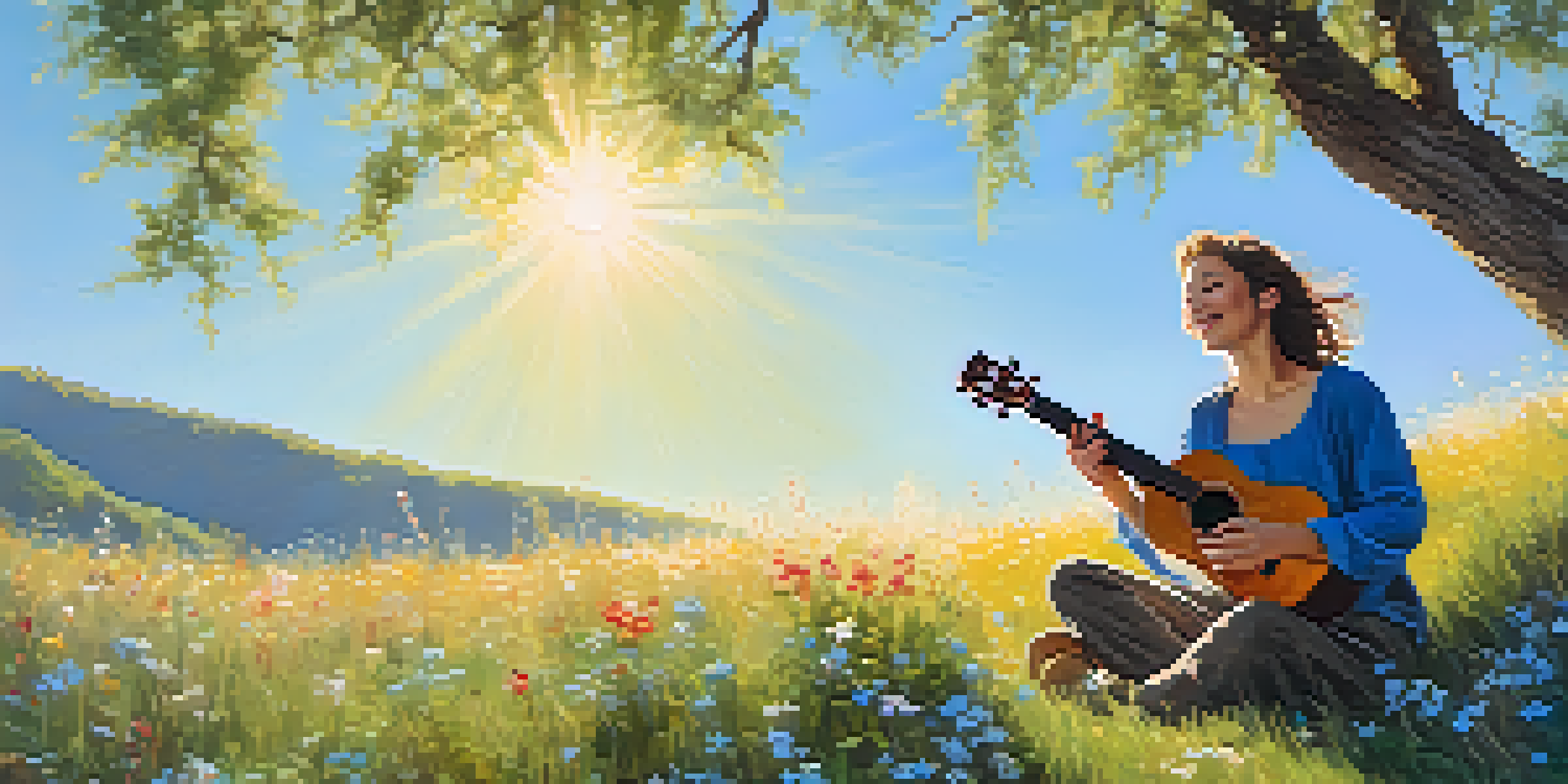 A person playing a ukulele outdoors on a sunny day, surrounded by colorful wildflowers and a bright blue sky.