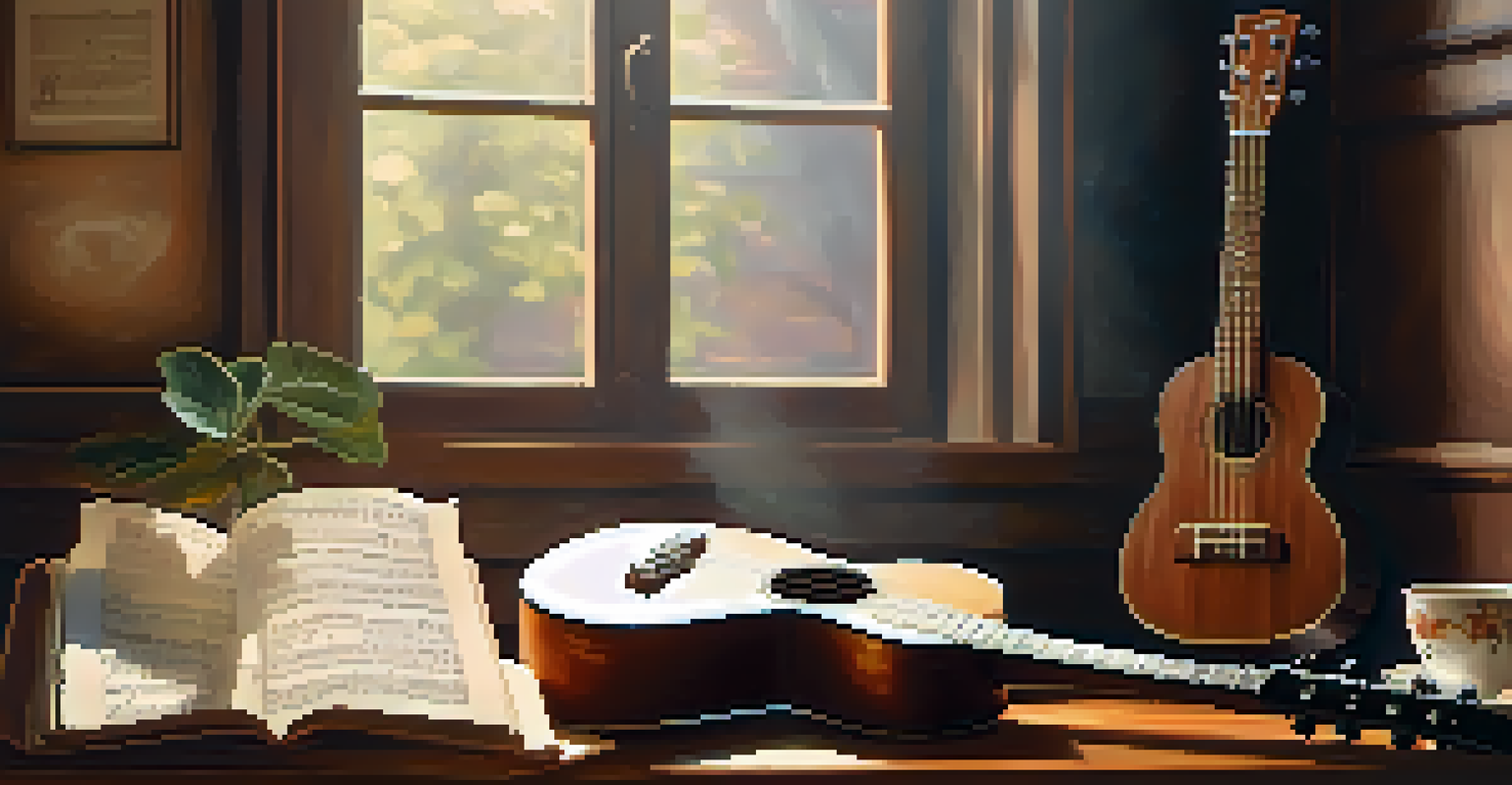 A vintage ukulele on a wooden table with sheet music and a cup of tea in a cozy indoor setting.