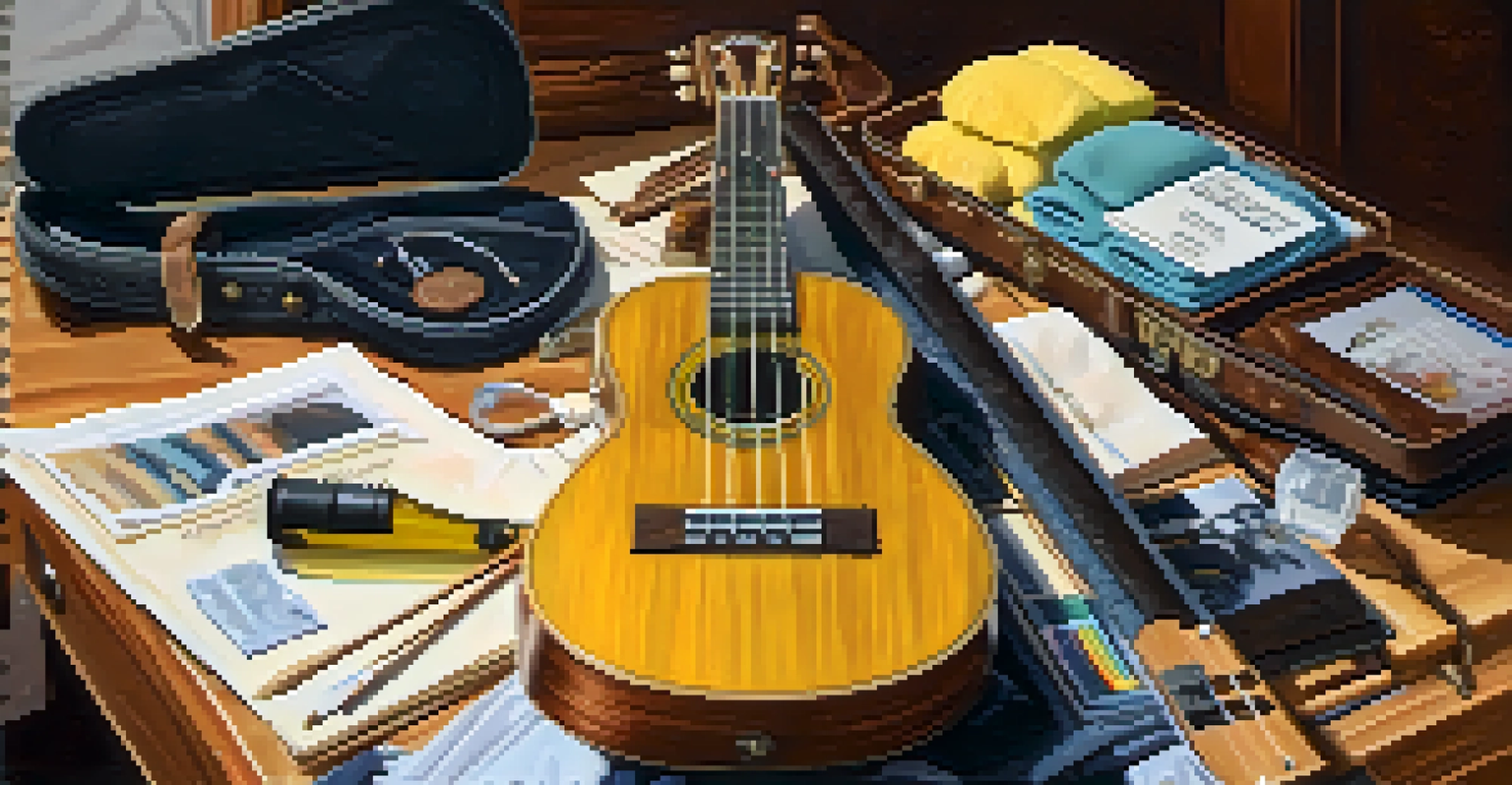 An organized workspace with ukulele cleaning supplies, including a microfiber cloth and lemon oil, on a wooden surface.