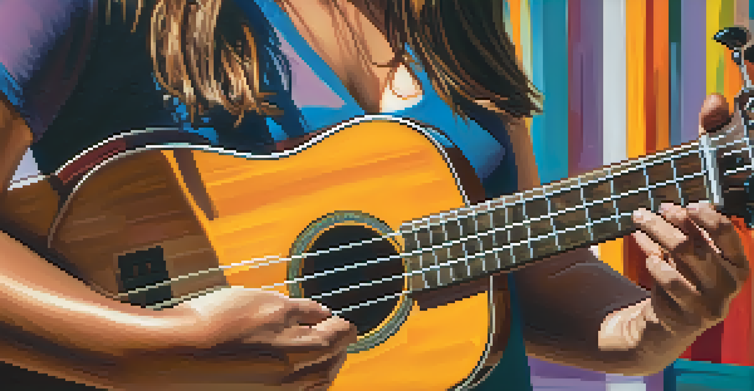 Close-up of hands strumming a ukulele with colorful chord notations in the background.