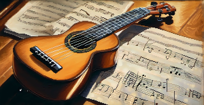 A ukulele placed on a wooden table with open strings highlighted, surrounded by sheet music and natural light.