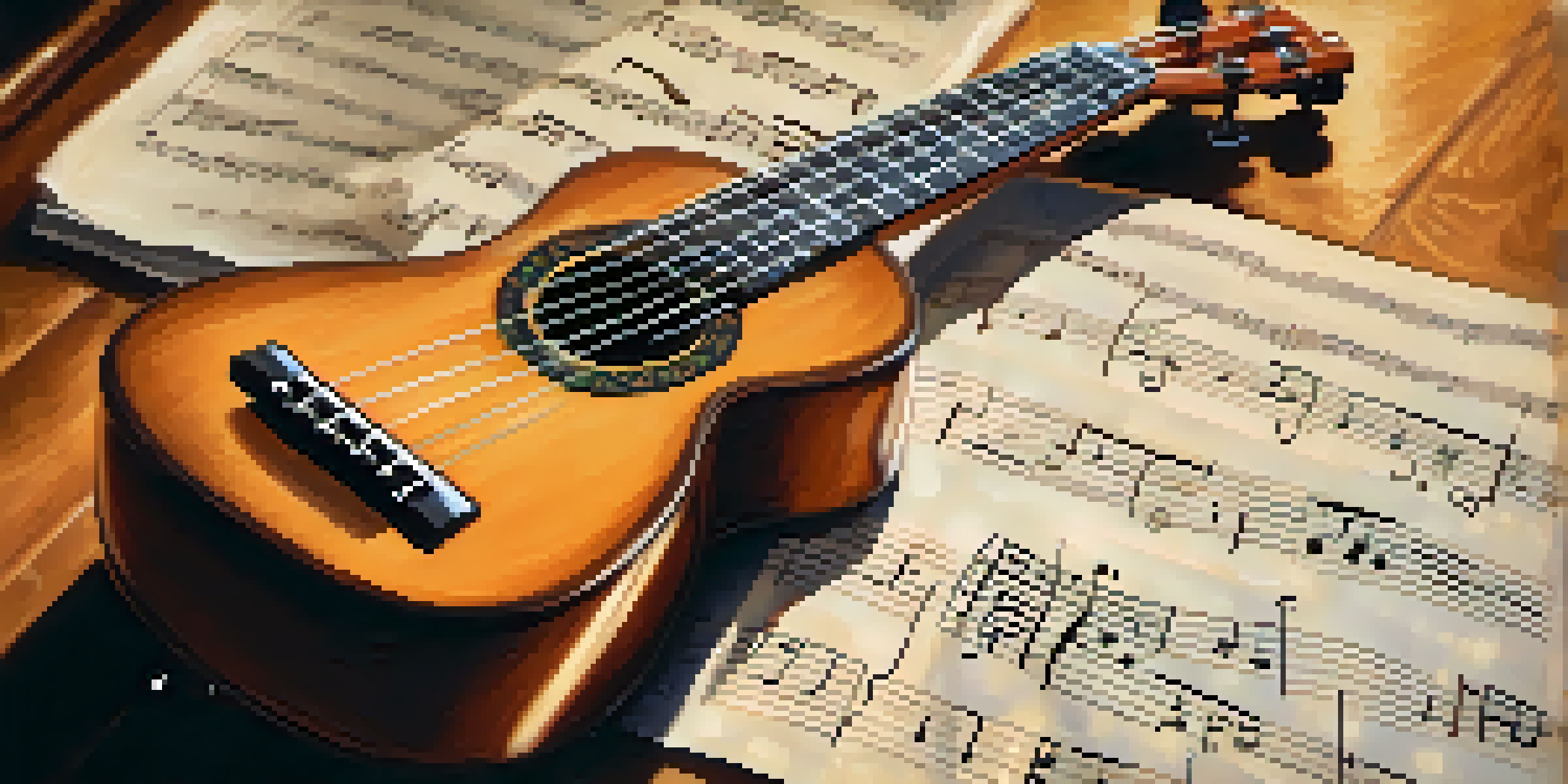A ukulele placed on a wooden table with open strings highlighted, surrounded by sheet music and natural light.
