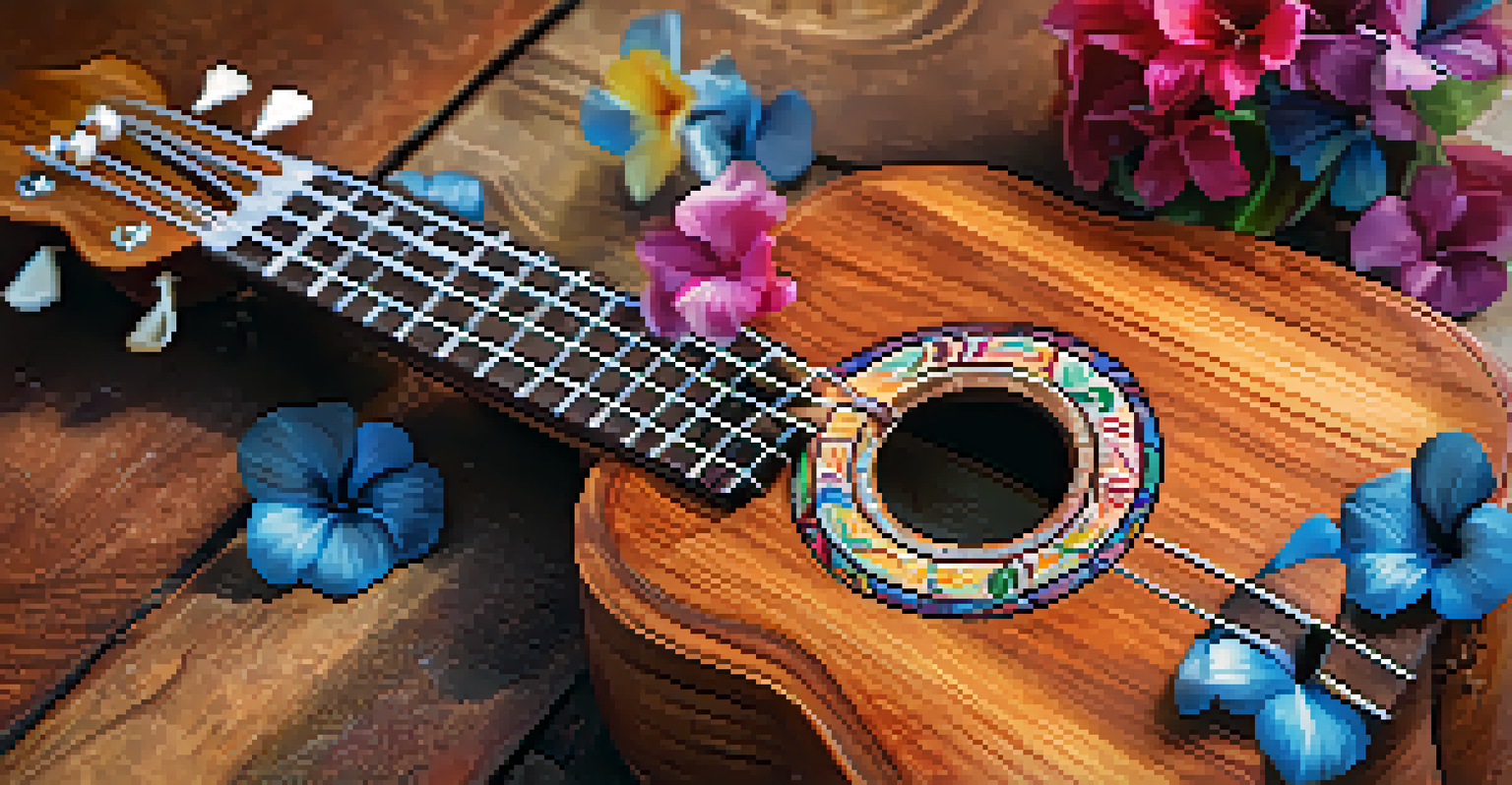 A close-up of a polished mahogany ukulele on a rustic wooden table, illuminated by soft natural light and surrounded by colorful flowers.