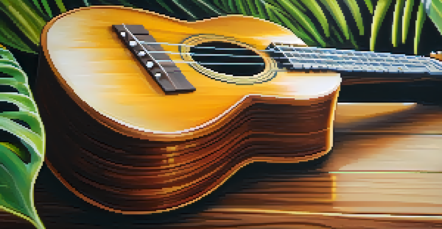 A close-up of a beautifully crafted ukulele on a wooden table, with natural light highlighting its glossy finish.