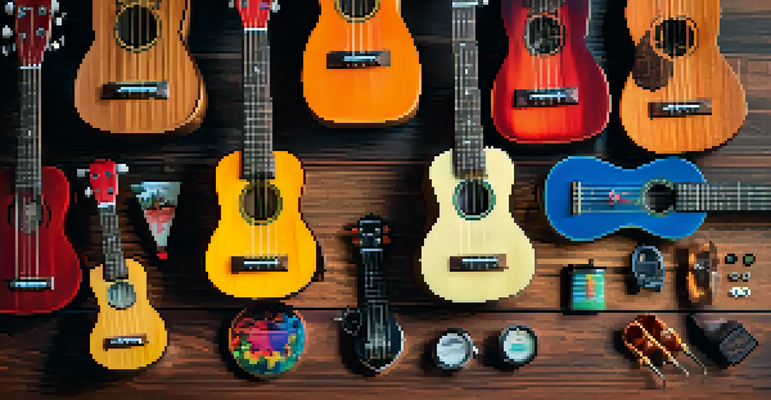 A flat lay of ukulele accessories like a tuner, picks, and a chord book on a wooden surface, arranged artistically.