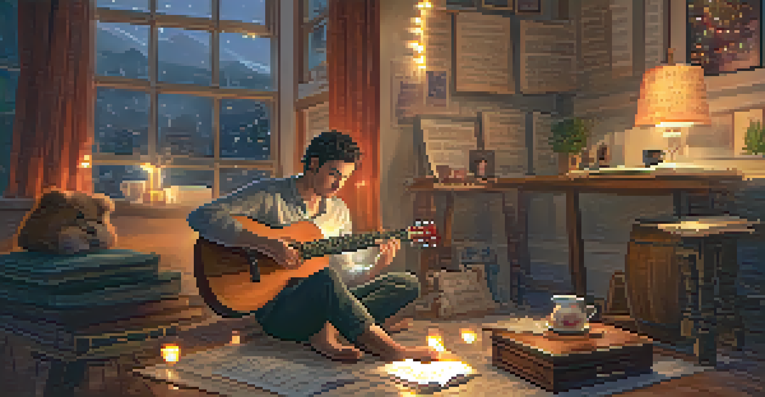 A musician sitting on a rug, playing a ukulele with warm lights and tea nearby, creating a cozy atmosphere.