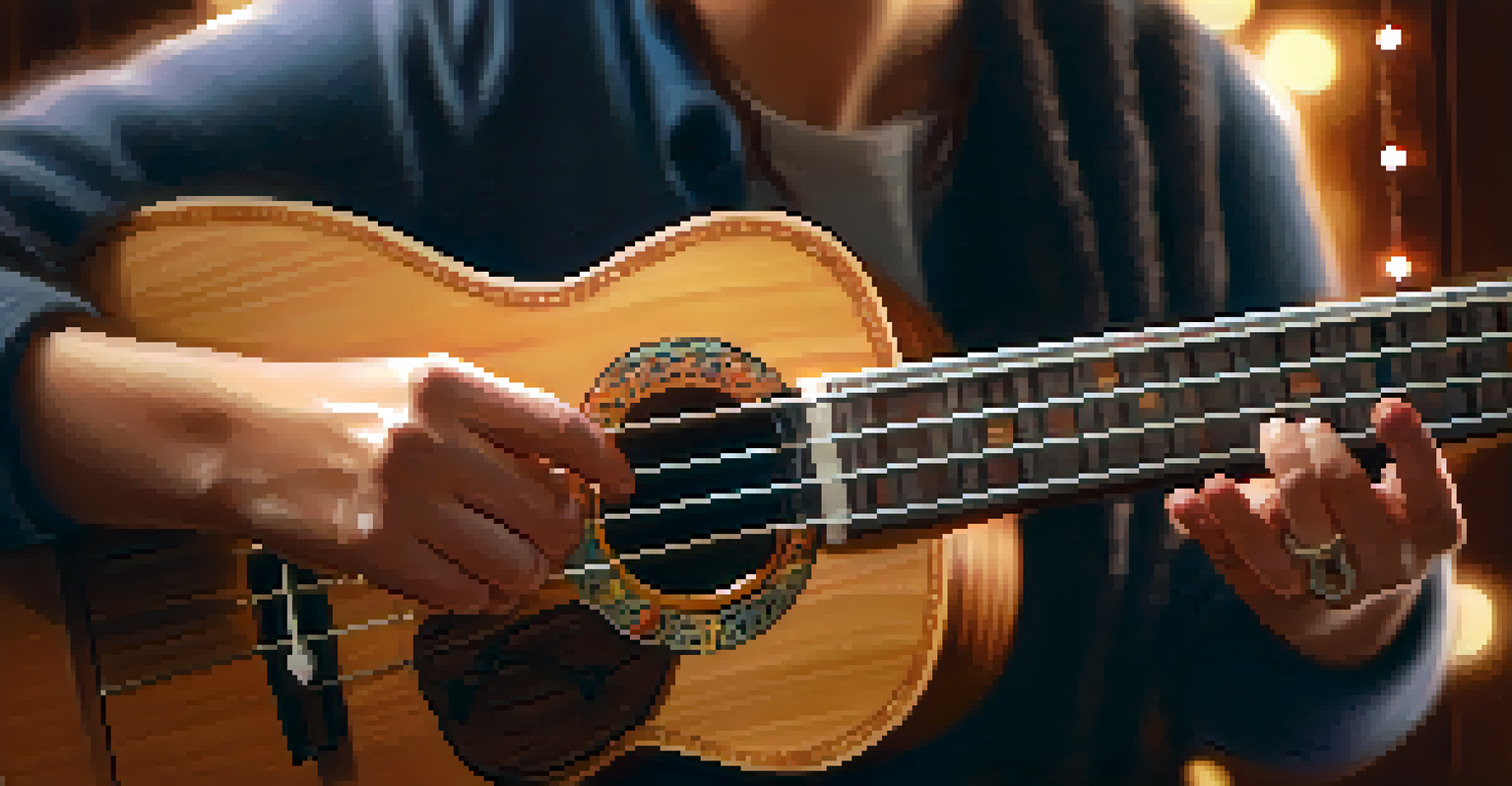 Close-up of hands playing a ukulele with beautiful wood grain and soft fairy lights in the background.