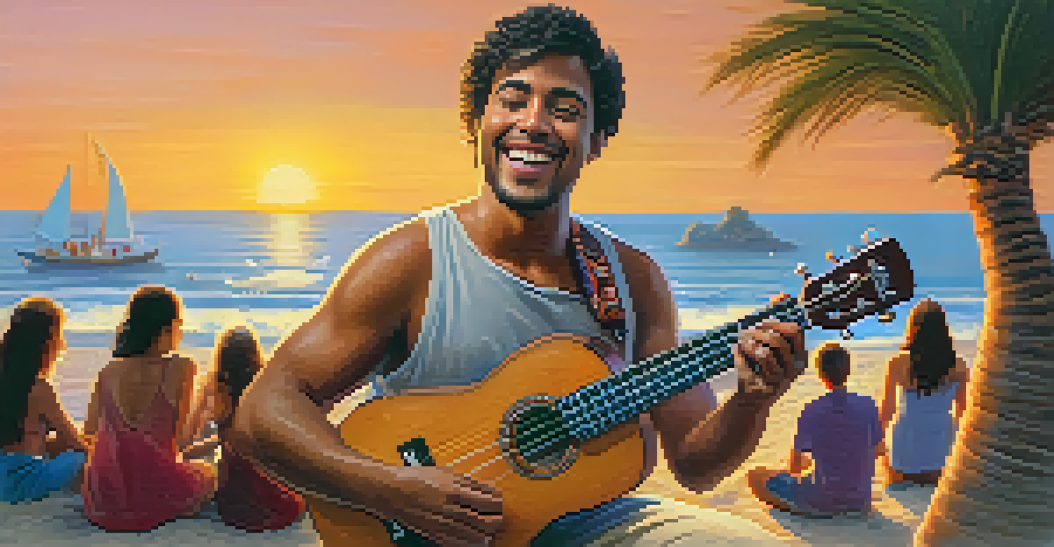 A musician playing the ukulele on a beach at sunset, surrounded by an engaged audience.