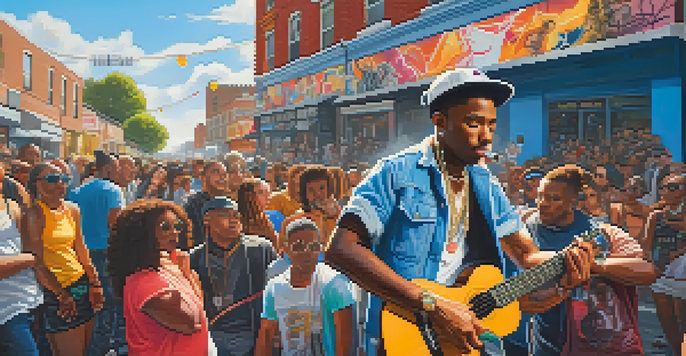 A hip-hop artist energetically performing with a ukulele on a city sidewalk, surrounded by an enthusiastic crowd and colorful graffiti art.