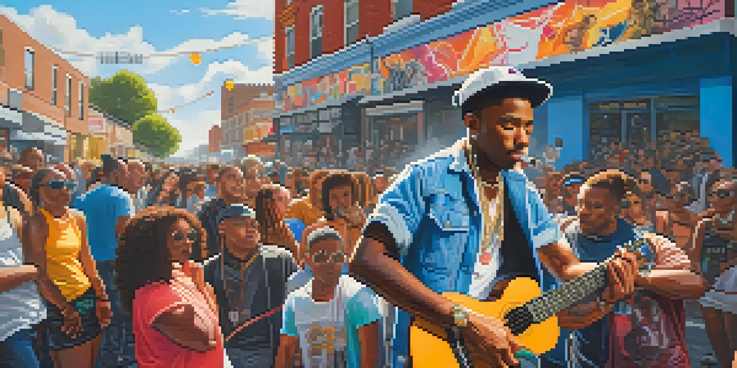A hip-hop artist energetically performing with a ukulele on a city sidewalk, surrounded by an enthusiastic crowd and colorful graffiti art.