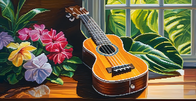 A close-up of a ukulele on a wooden table, surrounded by tropical flowers and leaves, with soft natural light illuminating the scene.