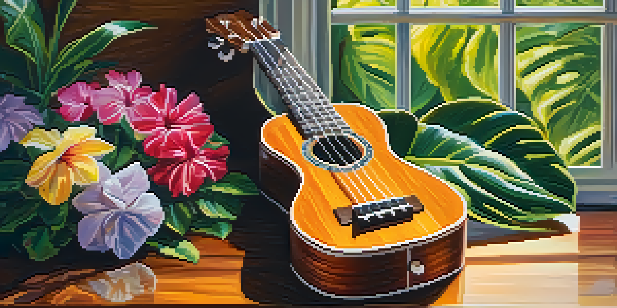 A close-up of a ukulele on a wooden table, surrounded by tropical flowers and leaves, with soft natural light illuminating the scene.