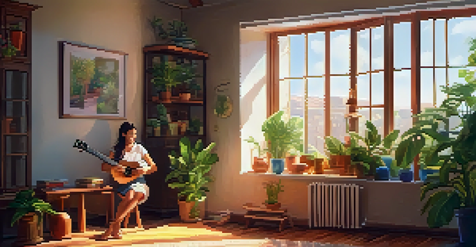 A person playing a ukulele in a cozy living room filled with sunlight and plants.