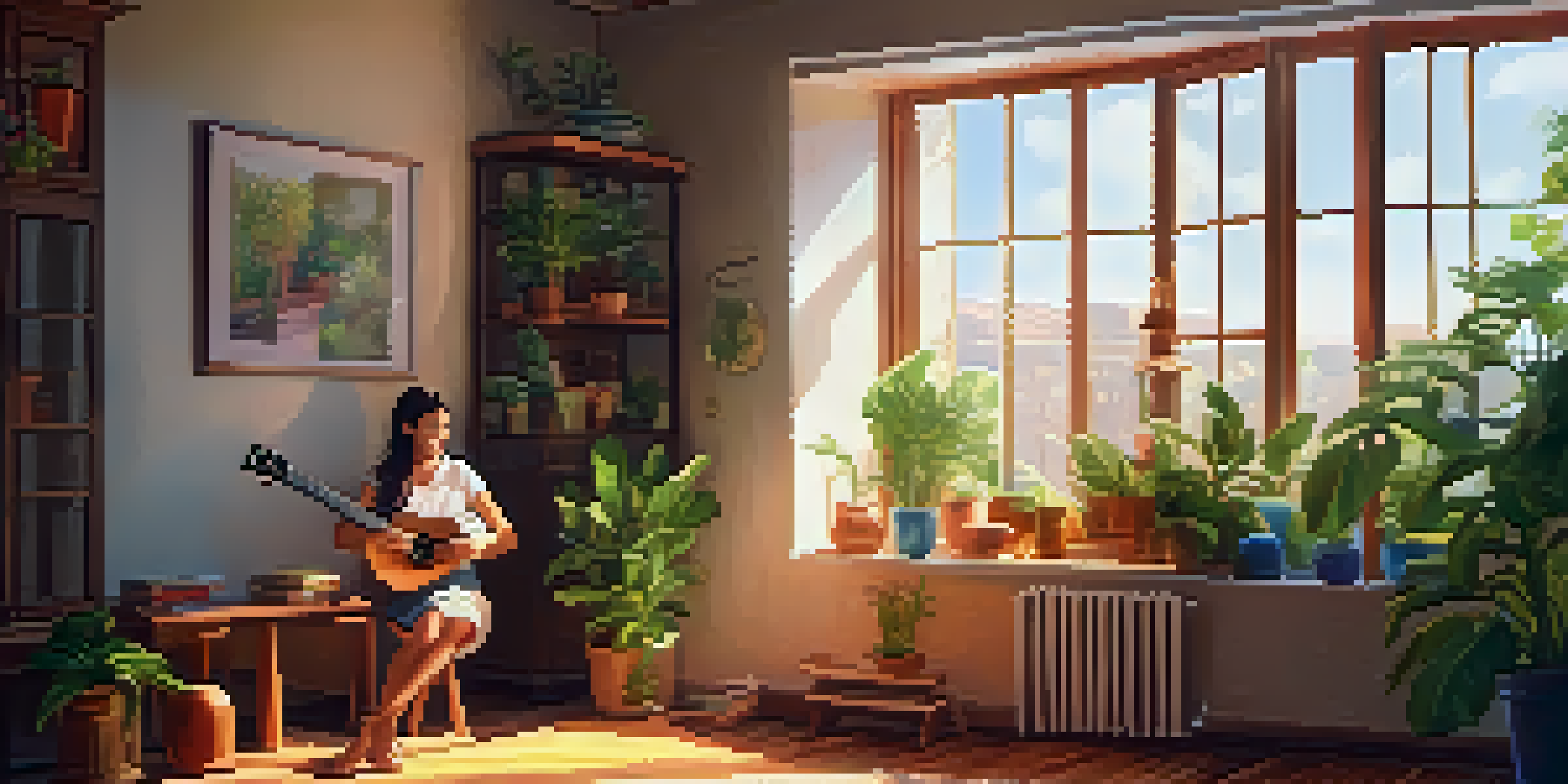 A person playing a ukulele in a cozy living room filled with sunlight and plants.