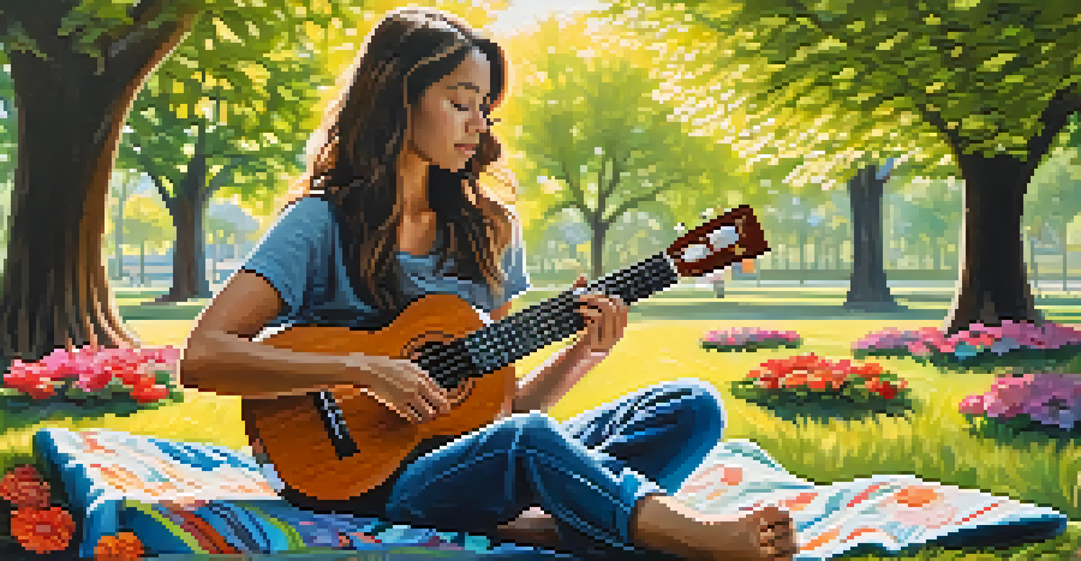 A musician playing a ukulele in a sunny park, surrounded by flowers and trees, creating a peaceful atmosphere.