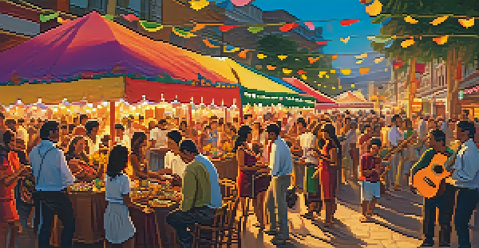 A lively outdoor festival showcasing musicians playing ukuleles amidst colorful decorations and a diverse crowd during sunset.