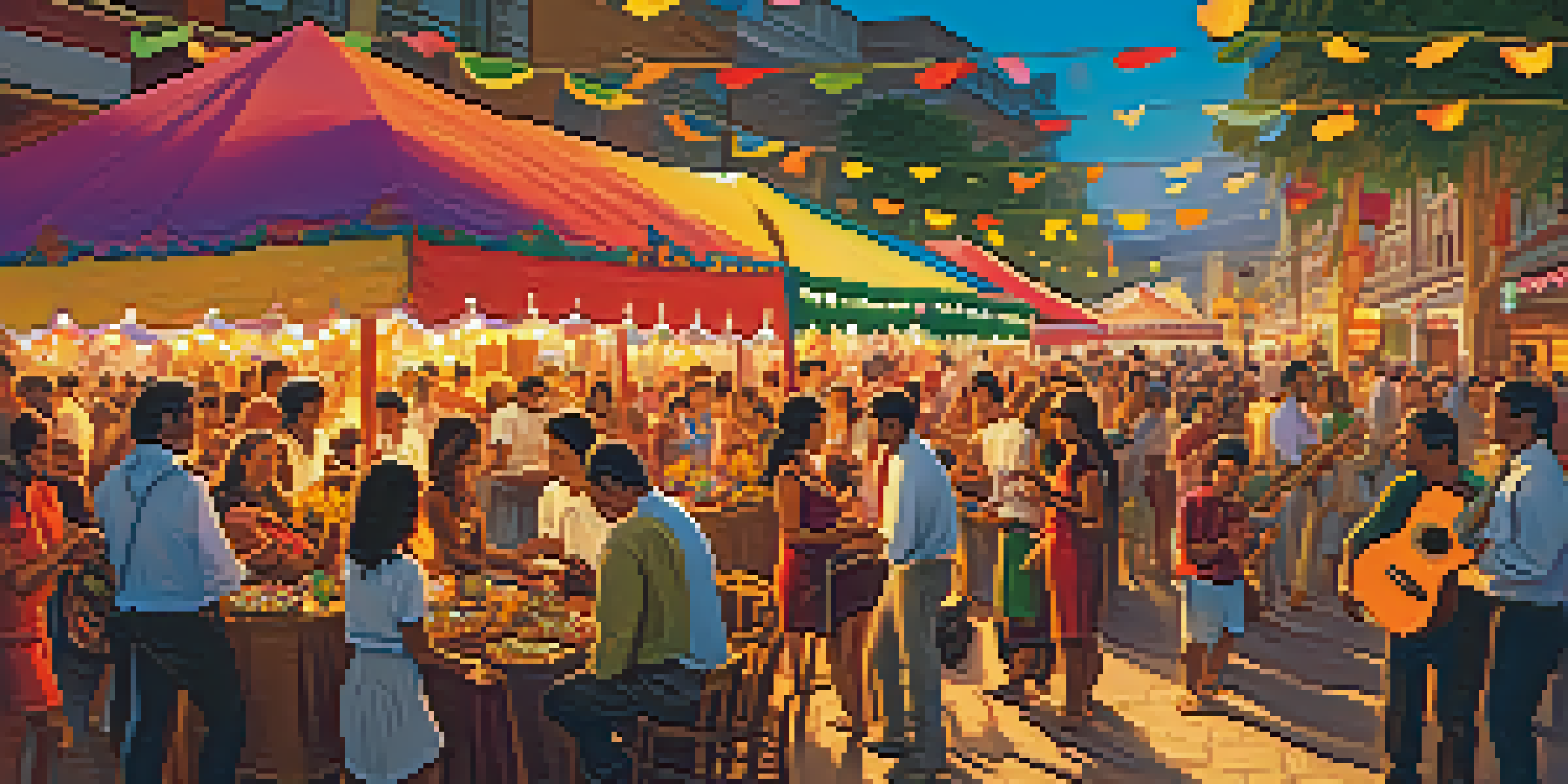 A lively outdoor festival showcasing musicians playing ukuleles amidst colorful decorations and a diverse crowd during sunset.