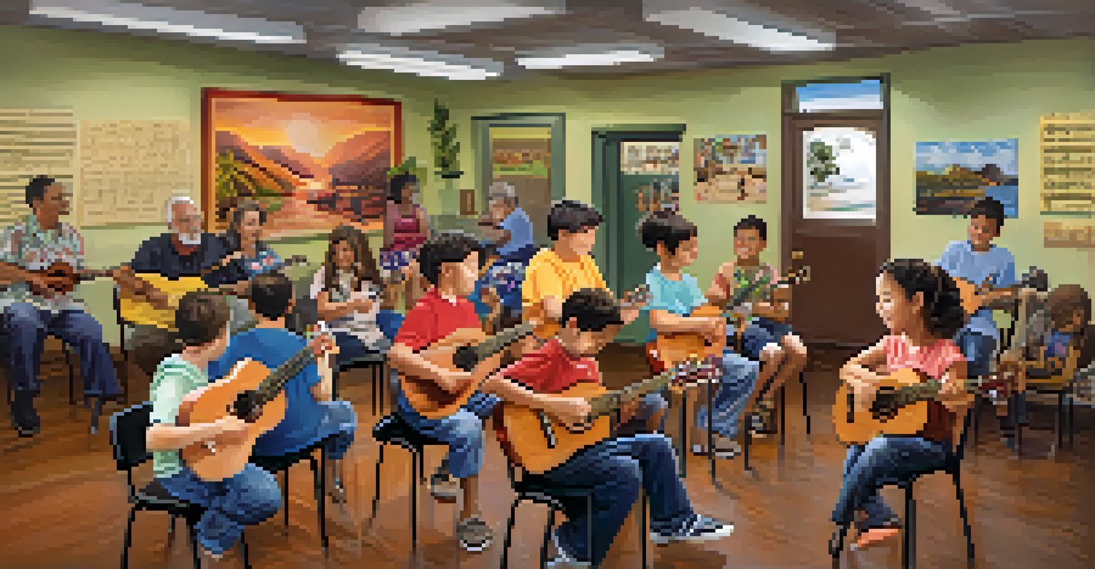 An older musician teaching young learners in a community center, surrounded by ukuleles and photos of Hawaiian musicians on the walls.