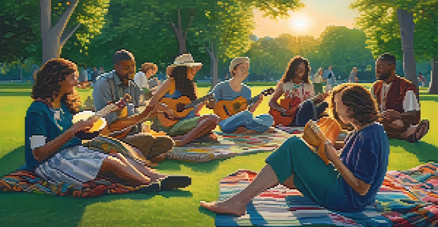 A joyful gathering of people playing ukuleles in a park during sunset, surrounded by greenery.