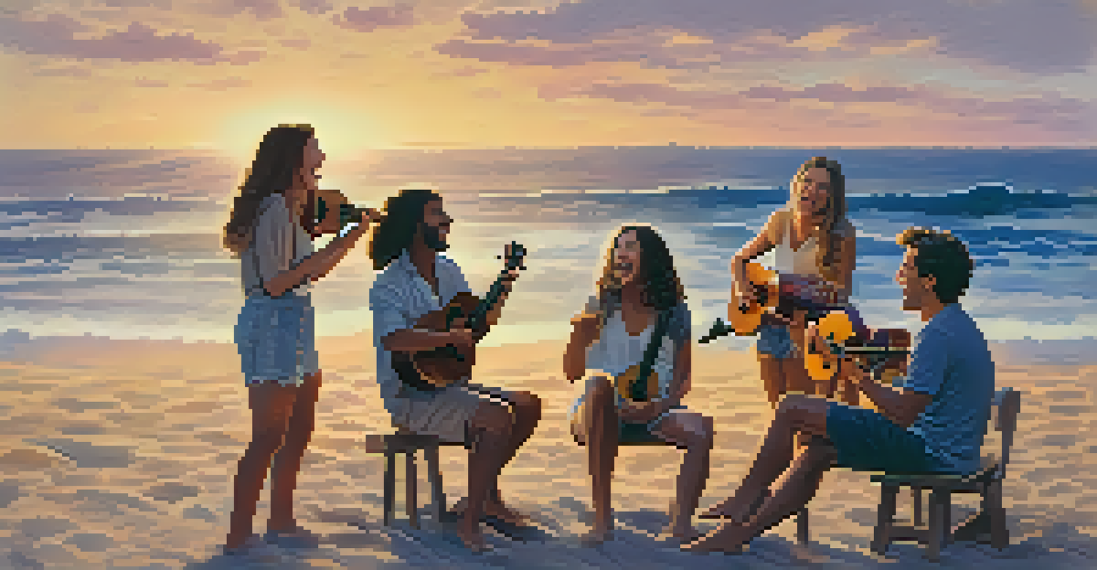A group of friends enjoying a sing-along with a ukulele on the beach at sunset, with golden ocean waves in the background.