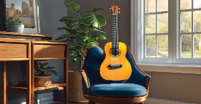 A ukulele on a wooden stand in a sunlit living room, showcasing its vibrant colors and intricate designs.