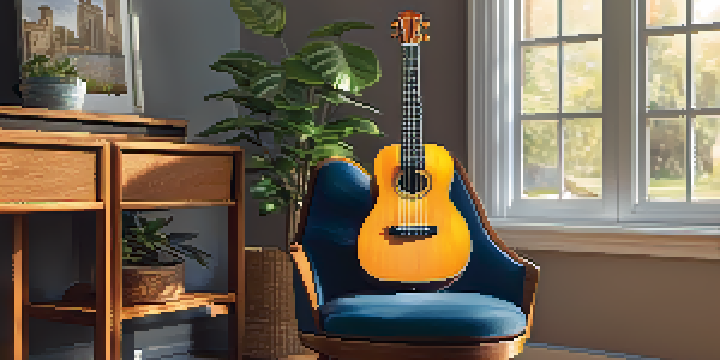 A ukulele on a wooden stand in a sunlit living room, showcasing its vibrant colors and intricate designs.