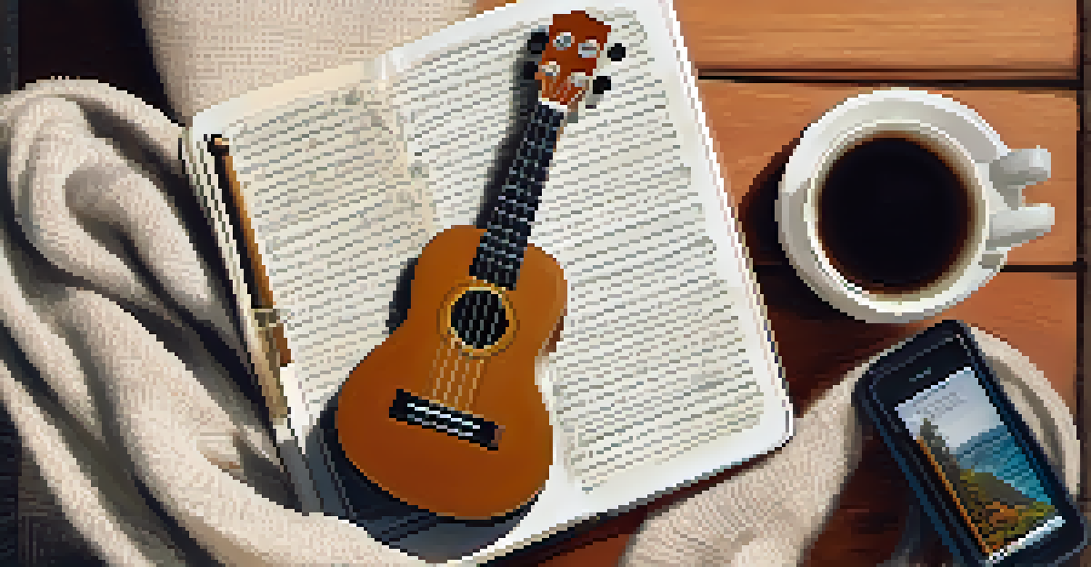 A flat lay of a ukulele, a notebook with lyrics, and a cup of tea on a cozy blanket, bathed in soft natural light.