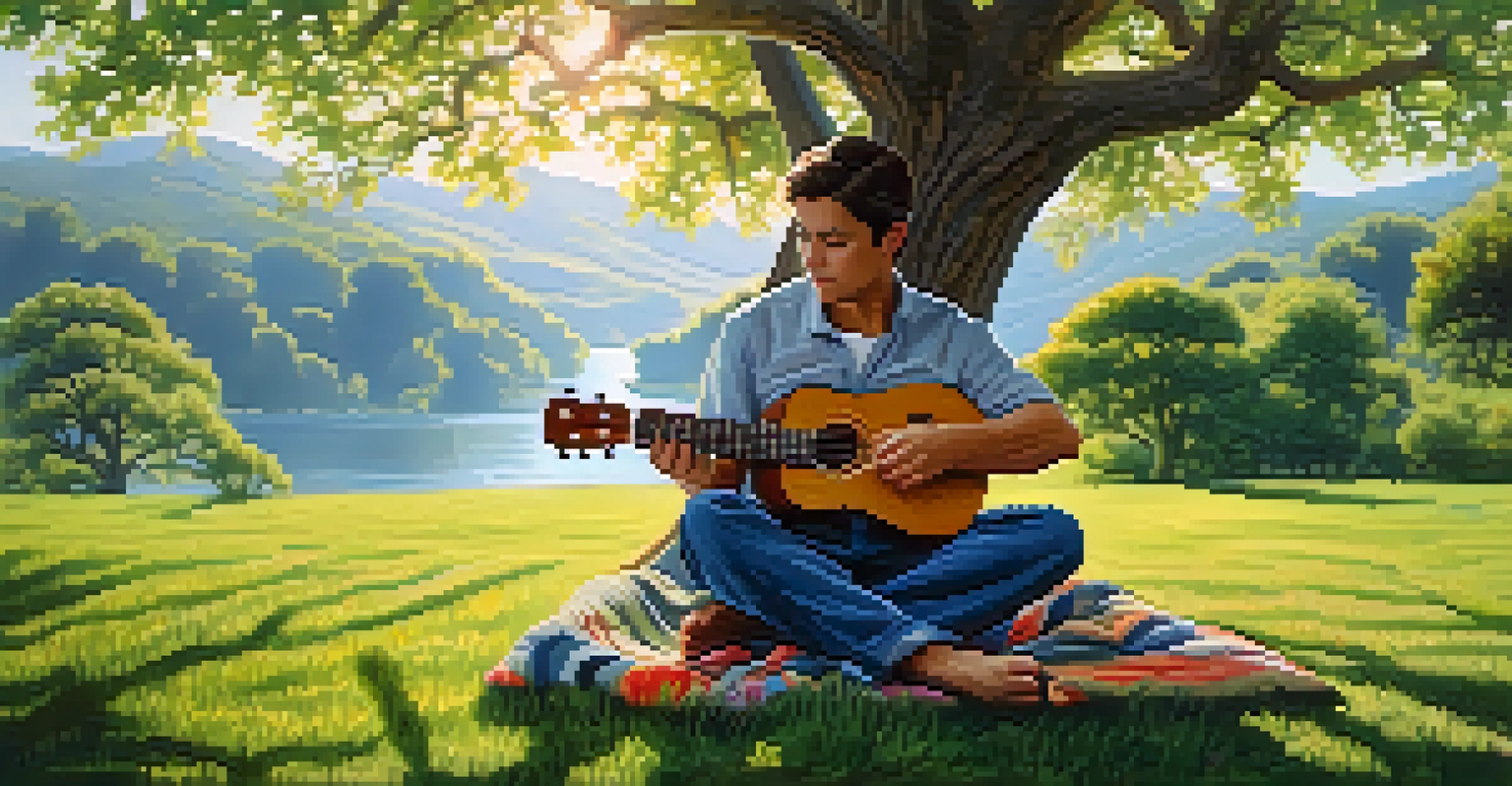 A musician playing a ukulele outdoors under a tree, surrounded by nature and sunlight filtering through the leaves.