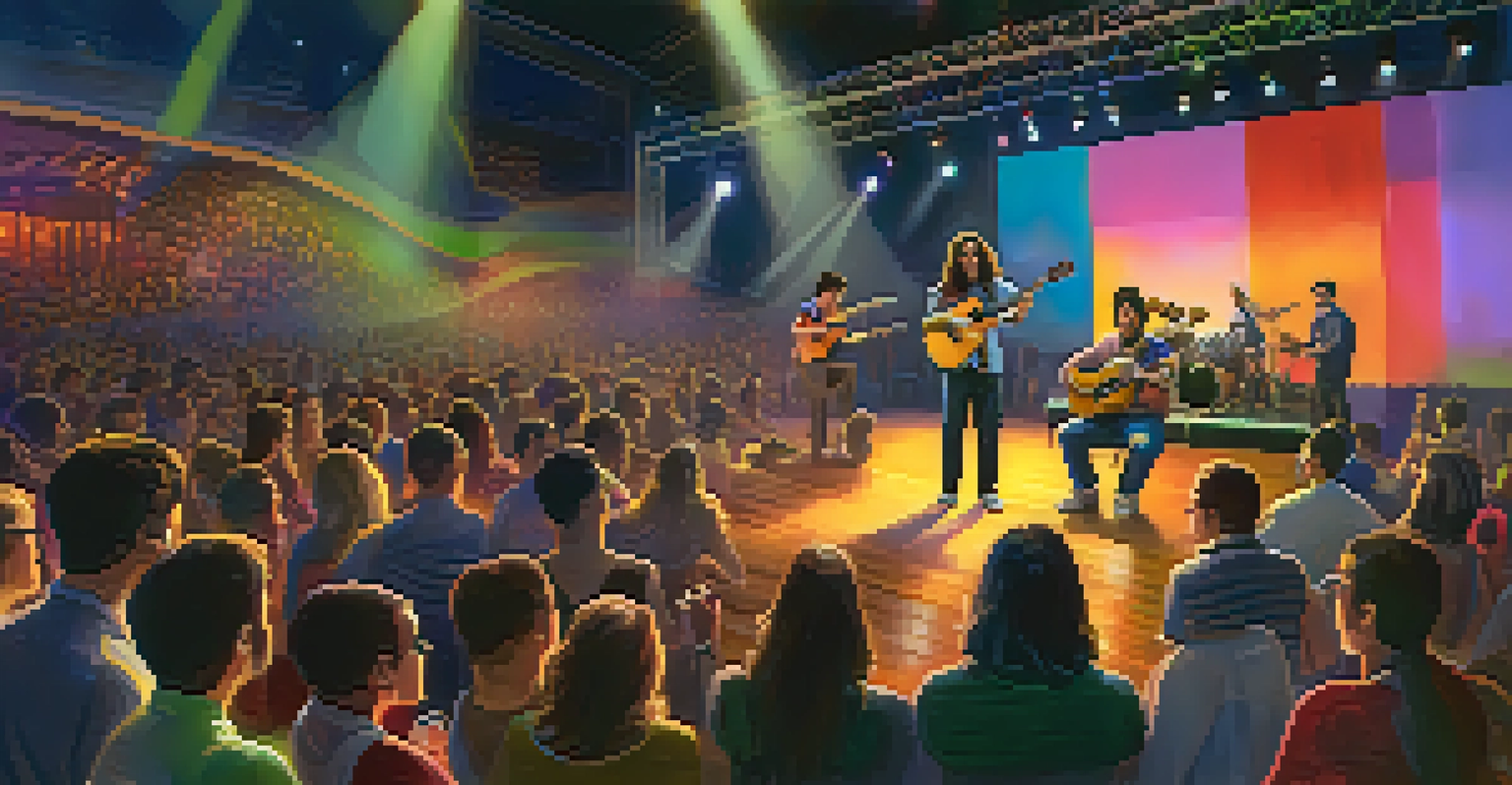 A musician playing a tenor ukulele on stage with colorful lights and an engaged audience.