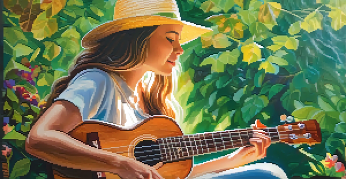 A person playing the ukulele in a sunny park, surrounded by greenery and flowers.