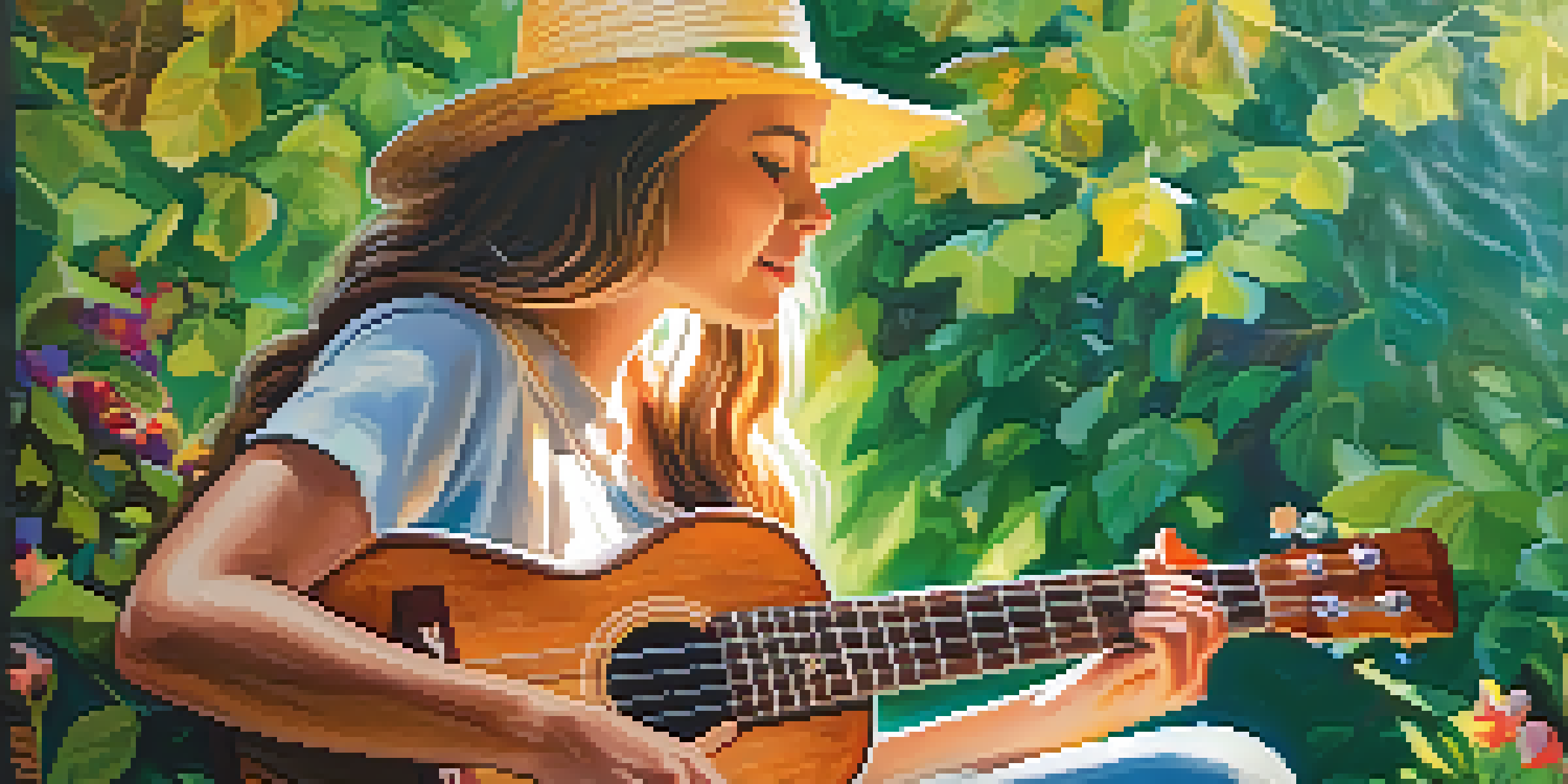 A person playing the ukulele in a sunny park, surrounded by greenery and flowers.