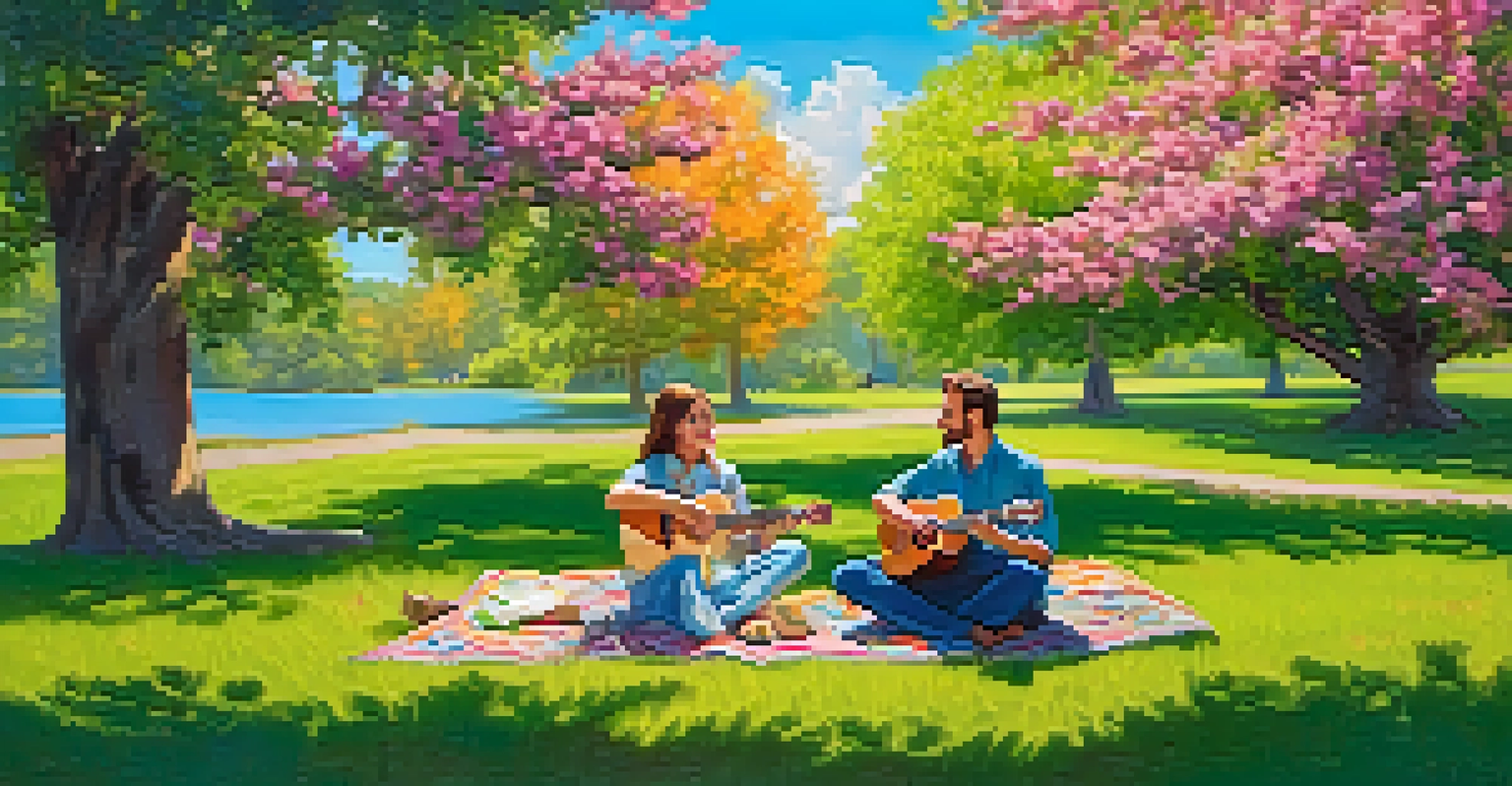 Two songwriters in a park, one playing a ukulele and the other sharing ideas, surrounded by greenery and colorful flowers.