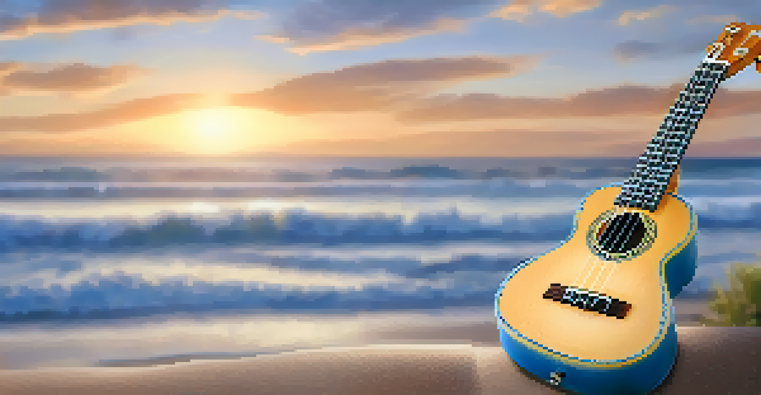 A Martin ukulele resting on a sandy beach with waves in the background during a sunset, showcasing its floral design.