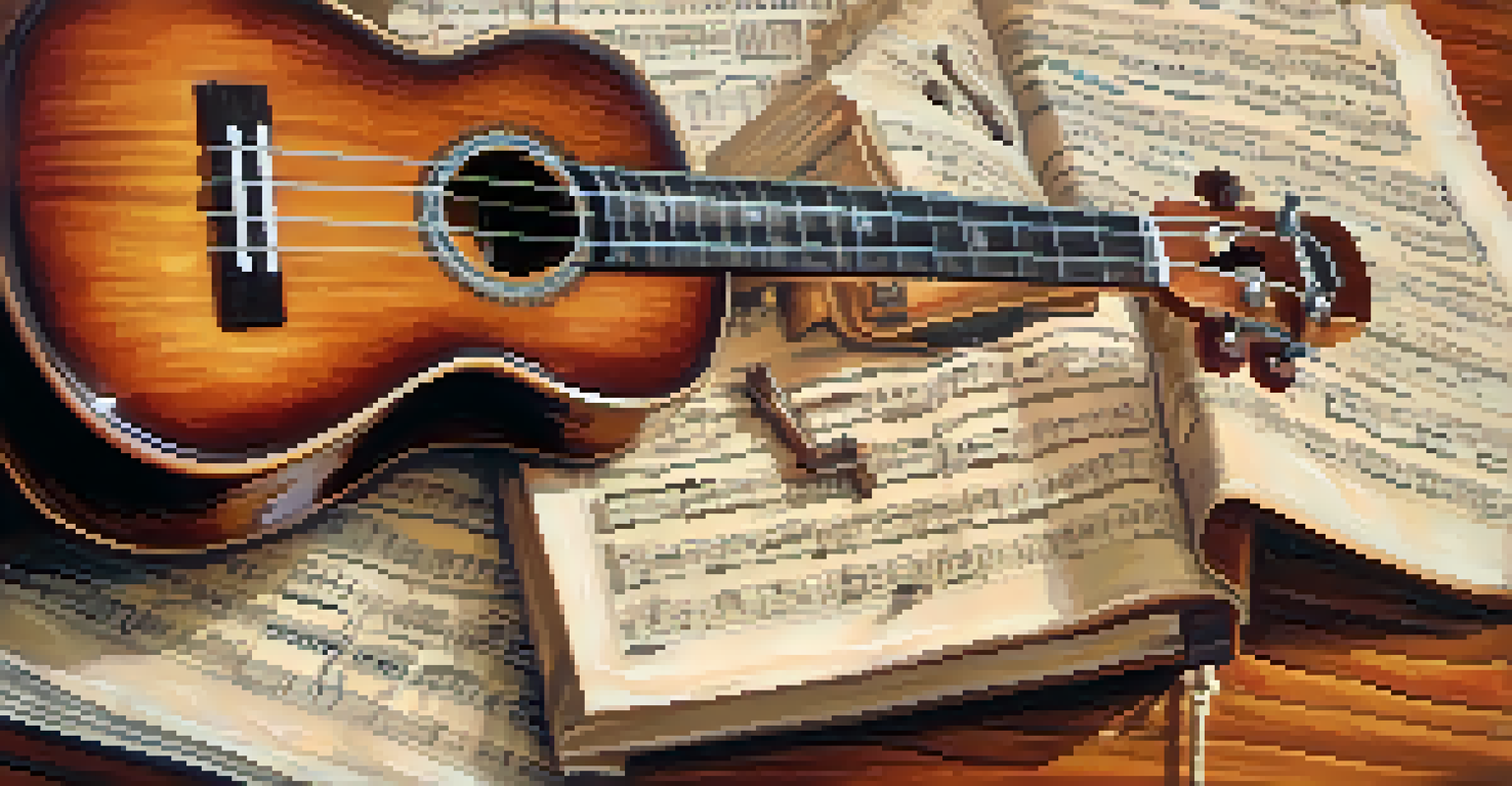 A close-up of hands strumming a polished mahogany ukulele with chord charts and music sheets on a wooden table.