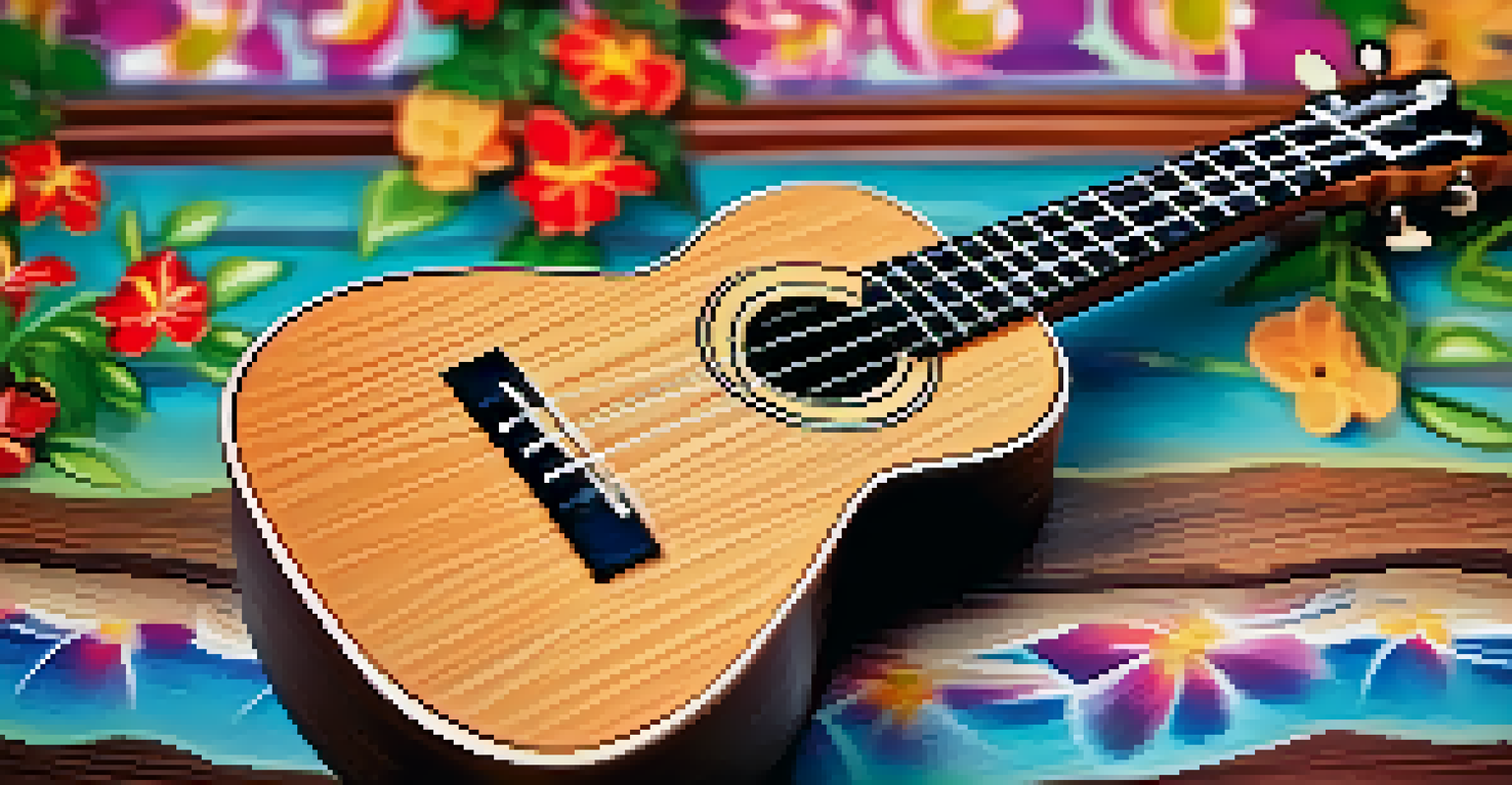 A close-up view of a finely made ukulele on a wooden table, adorned with bright Hawaiian flowers, with natural light emphasizing its details.