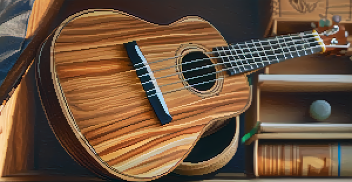 A detailed view of a handcrafted ukulele highlighting its natural wood grains, surrounded by eco-friendly tools in a warm workshop.