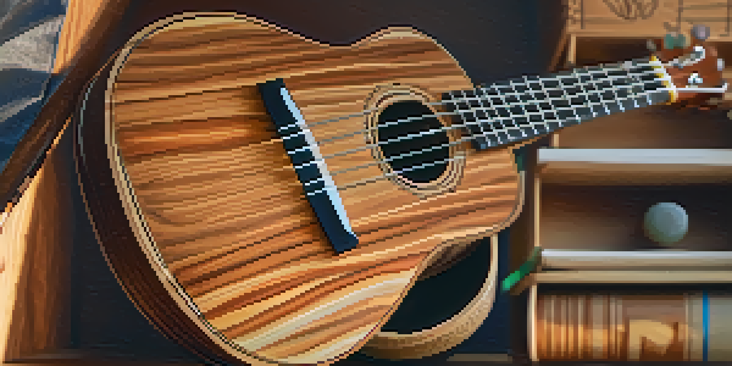 A detailed view of a handcrafted ukulele highlighting its natural wood grains, surrounded by eco-friendly tools in a warm workshop.