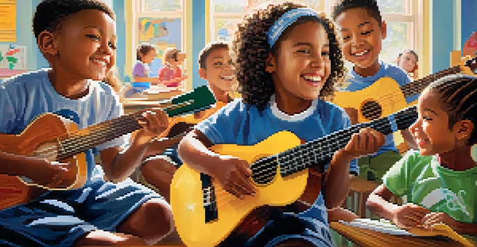 A vibrant classroom filled with children playing ukuleles, showcasing their joy and engagement in music education.