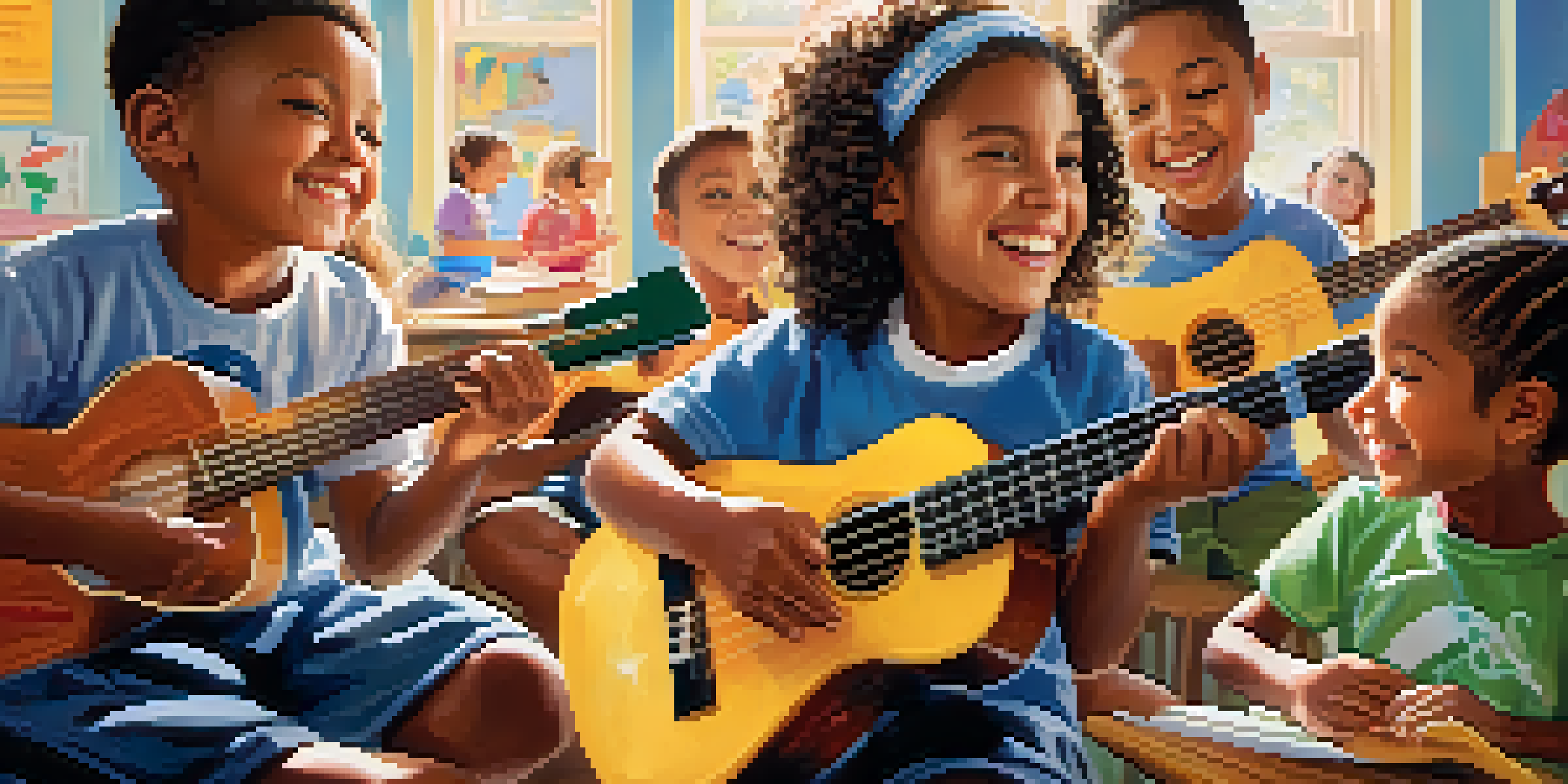 A vibrant classroom filled with children playing ukuleles, showcasing their joy and engagement in music education.