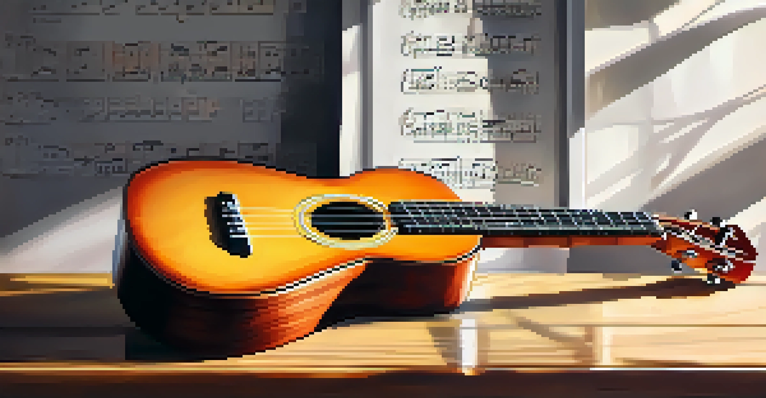 A close-up of a polished ukulele on a wooden table with sunlight illuminating its wood grain and sheet music pages scattered nearby.
