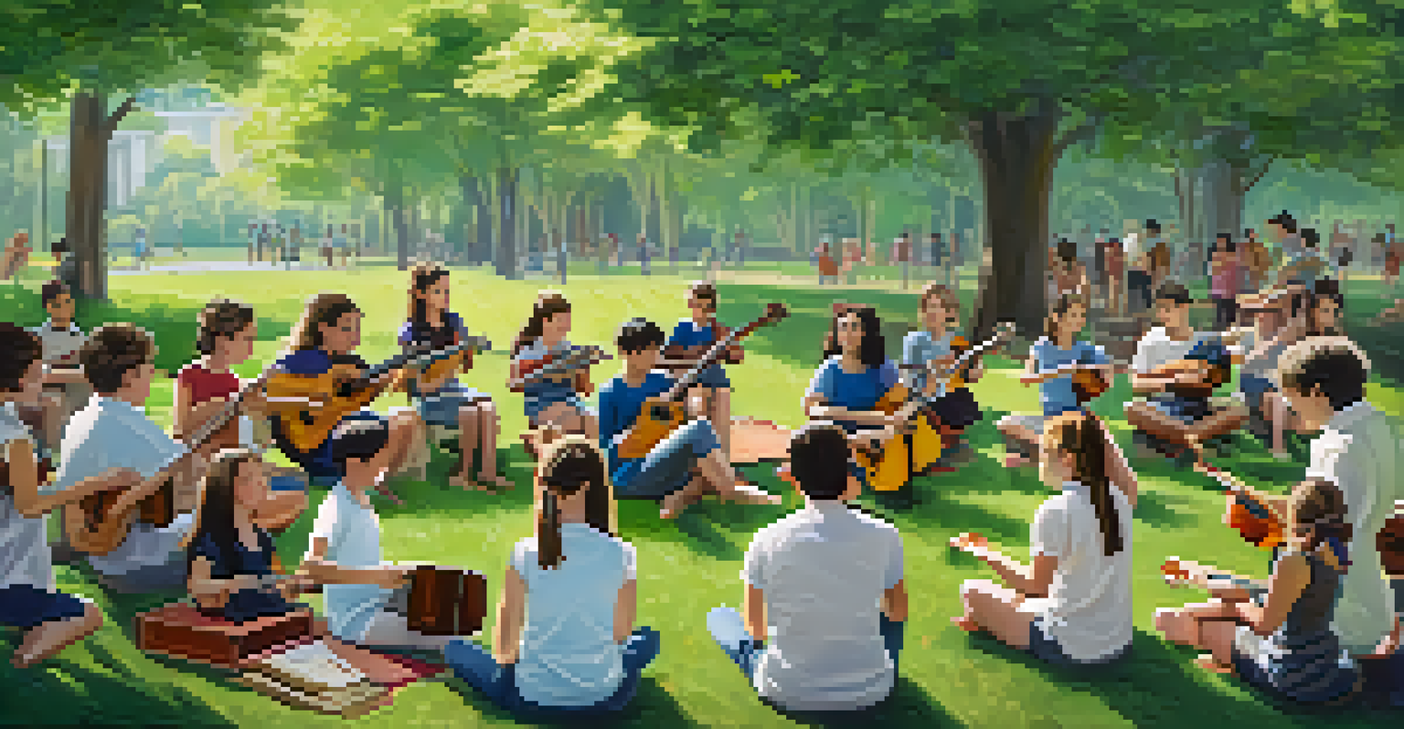 An outdoor music class in a park with students gathered around a teacher demonstrating ukulele techniques amidst greenery and flowers.