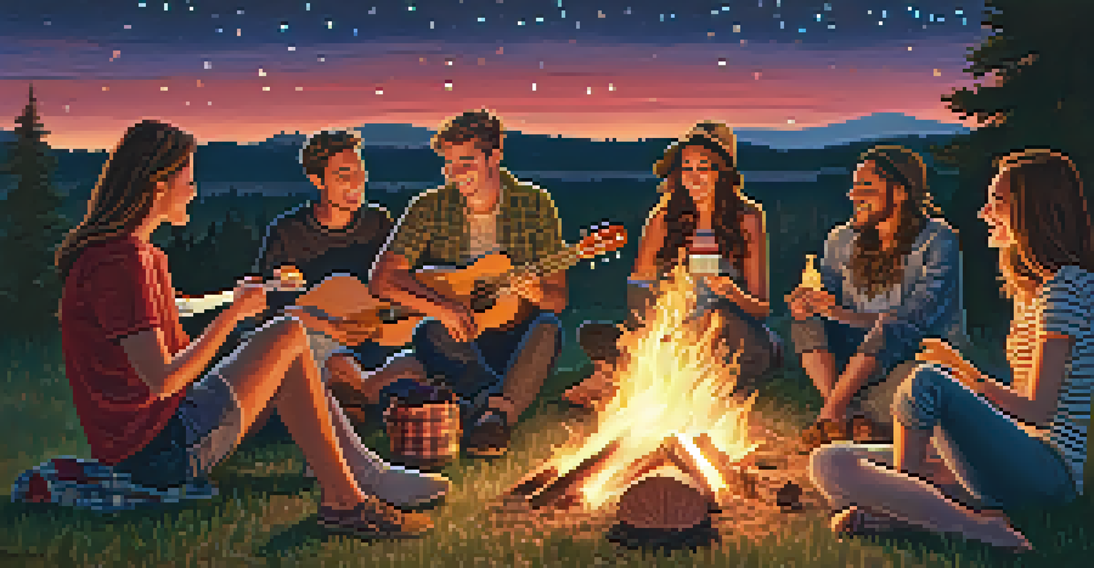 Friends gathered around a campfire at night, with one person playing the ukulele under a starry sky.