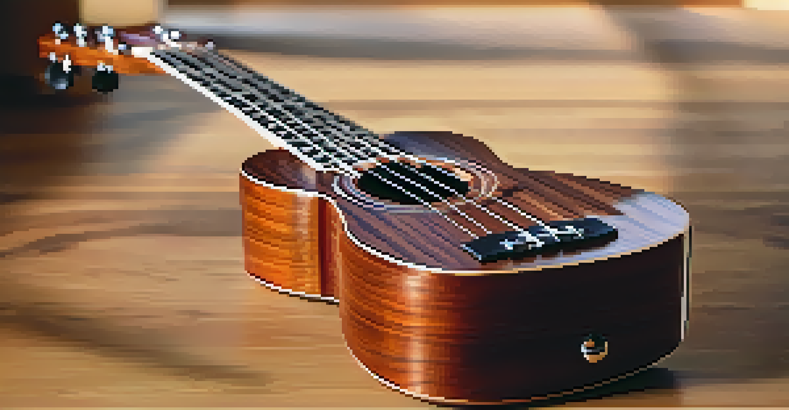 A finished ukulele with a polished surface resting on a table, highlighting its soundhole and warm wood tones.