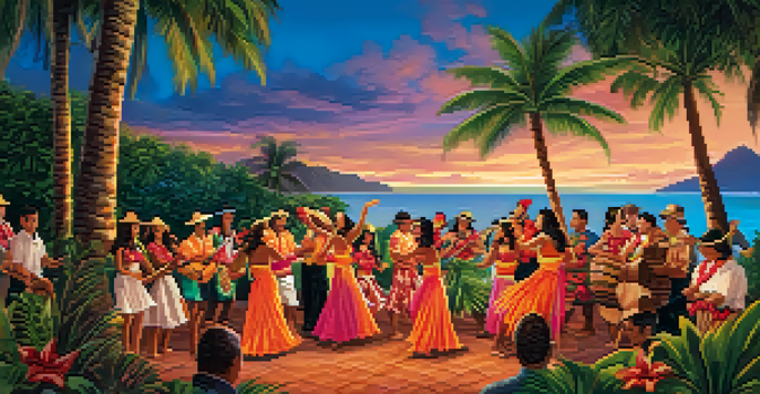 A lively luau festival in Hawaii with people in traditional attire dancing hula and musicians playing ukuleles, surrounded by tropical plants at sunset.