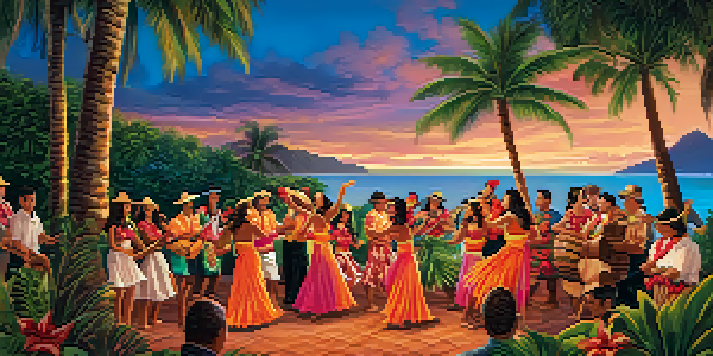 A lively luau festival in Hawaii with people in traditional attire dancing hula and musicians playing ukuleles, surrounded by tropical plants at sunset.