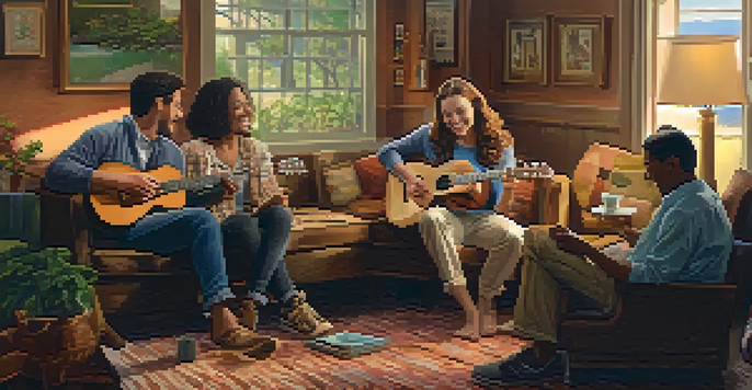 A group of friends playing ukuleles together in a cozy room filled with laughter and warmth.