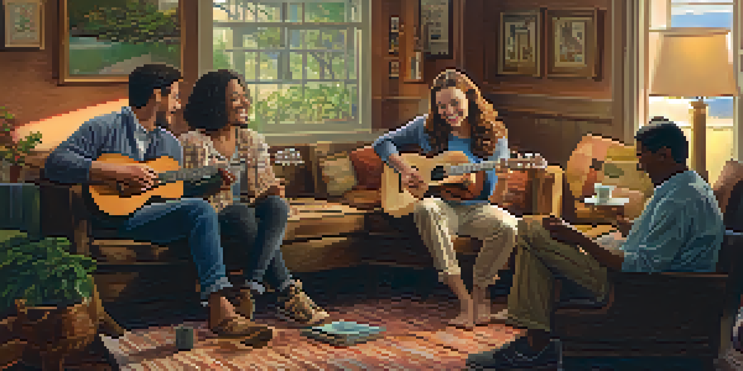 A group of friends playing ukuleles together in a cozy room filled with laughter and warmth.